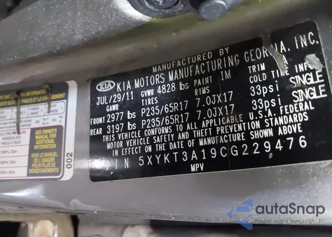 2012 Kia Sorento Lx from USA, damaged, VIN 5XYKT3A19CG229476